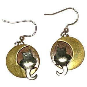 Far Fetched Gold and Silver Cat Dangle Earrings